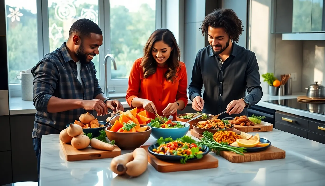 diverse professionals preparing healthy yam recipes in a modern kitchen.