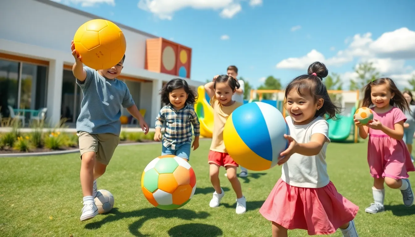 diverse preschoolers playing with balls in an outdoor setting.