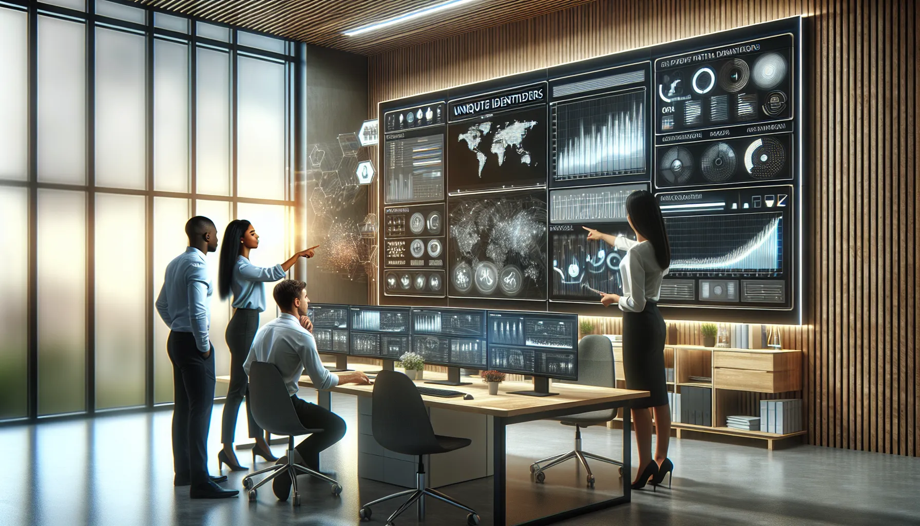 professionals collaborating in a modern office on data management.