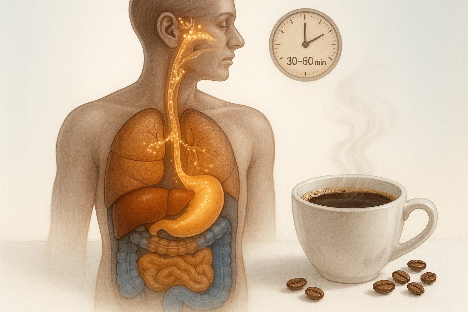 A medical illustration showing caffeine's journey through the human body from coffee cup to elimination.