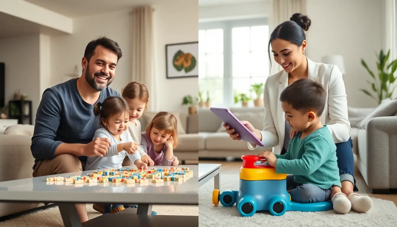 co-parents working together in a cozy living room with children.