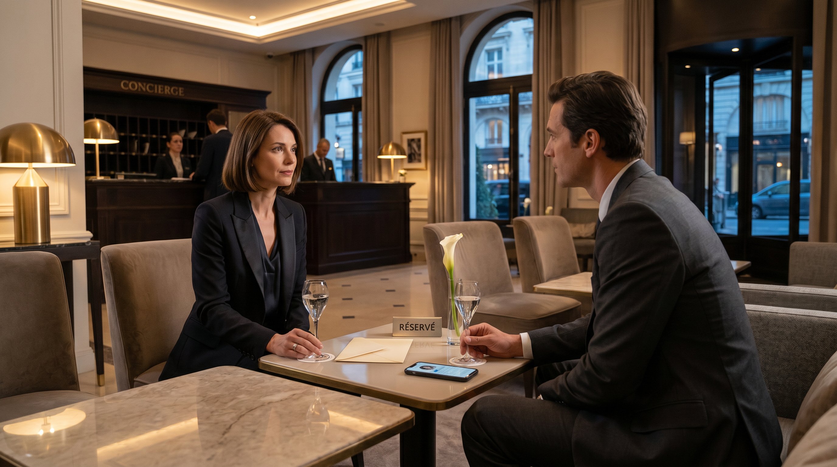 Elegant adults meeting discreetly in a luxury Paris hotel lounge.