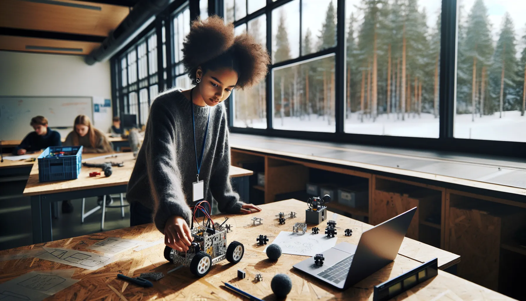 Hvordan fremme kreativitet i skolen 2 Norwegian student testing a small robot prototype in a bright school makerspace.