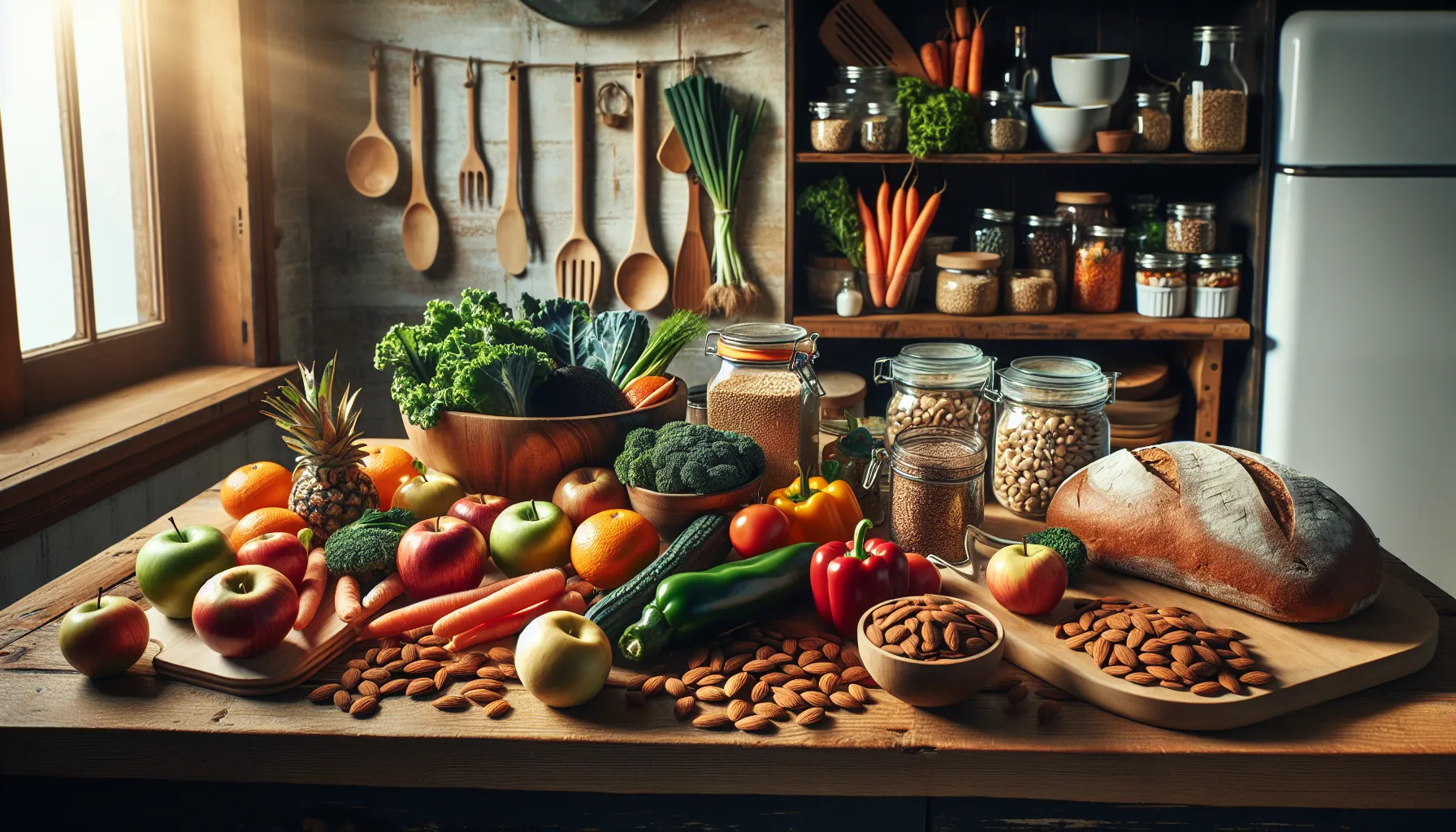 A kitchen displaying a variety of vegan foods on a wooden counter.