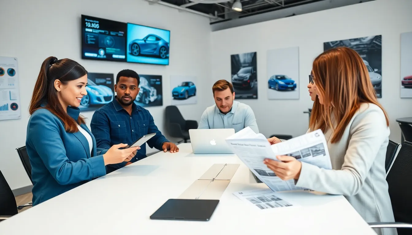 diverse automotive experts collaborating in a modern workspace.
