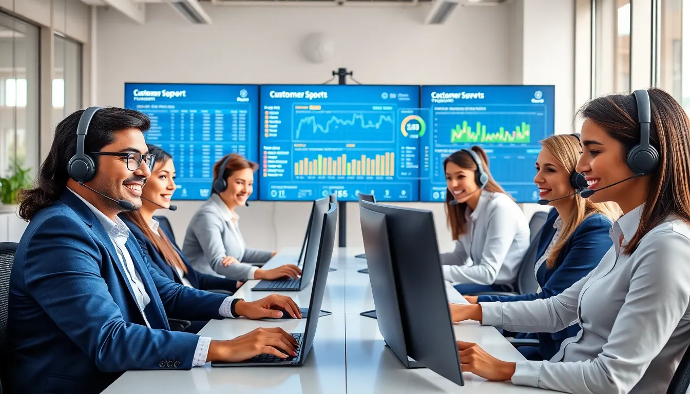 customer support team in a modern office assisting sports fans.