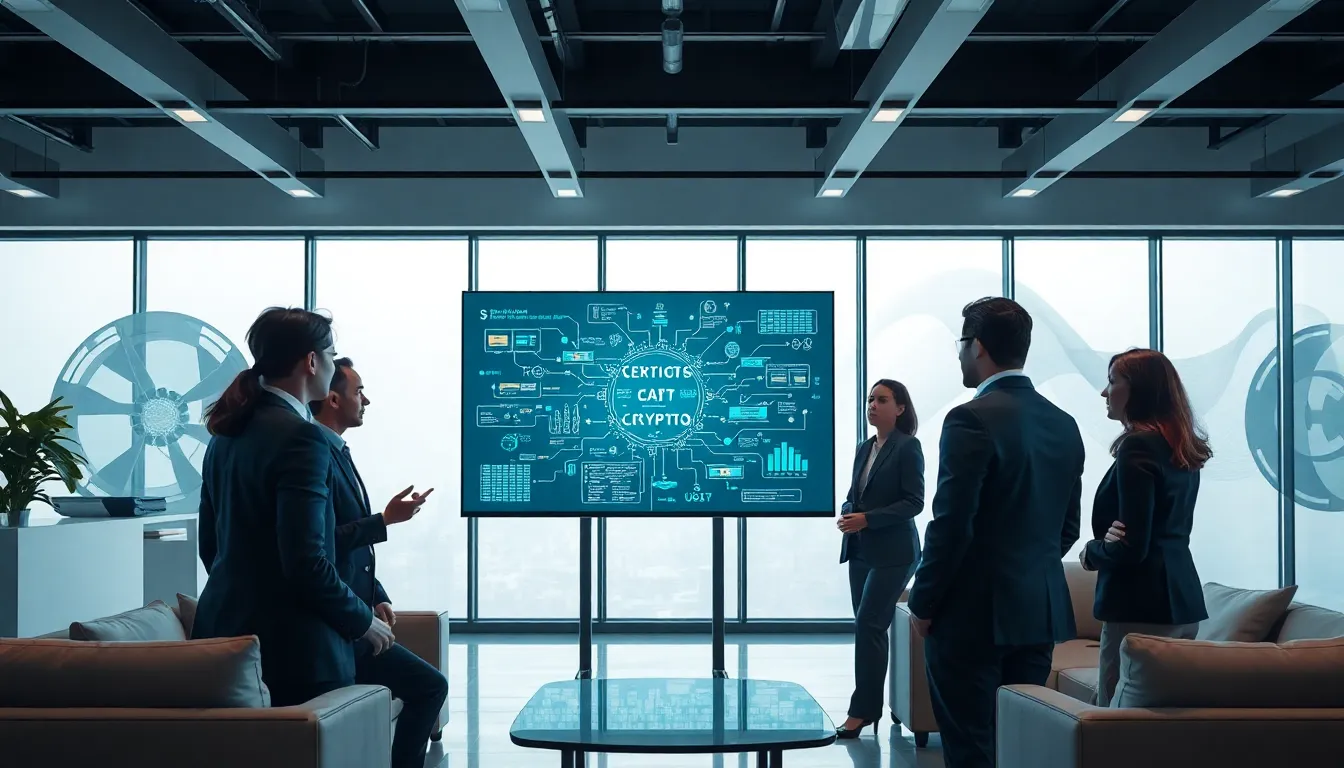 professionals discussing cryptography in a modern office setting.