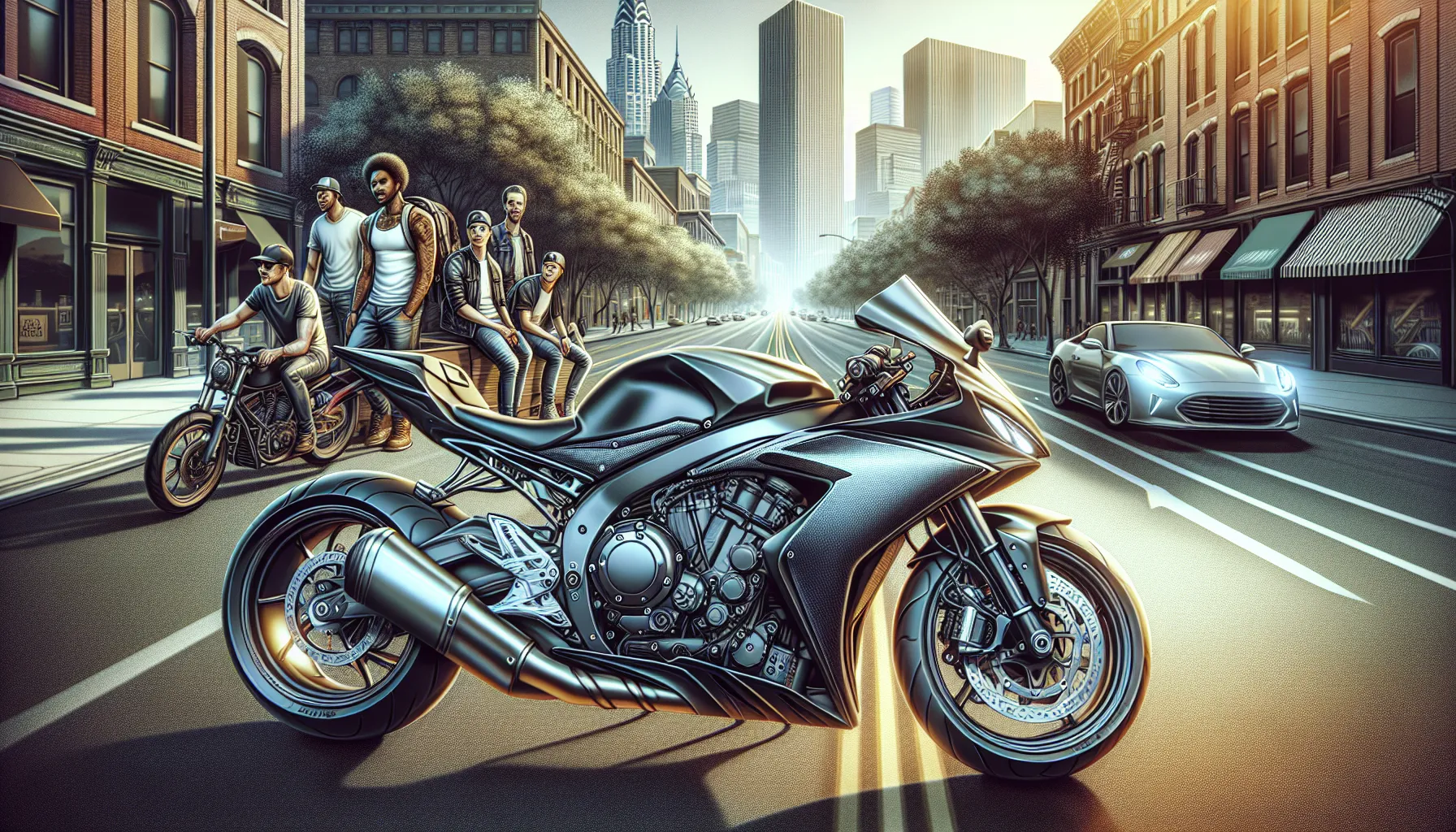sleek Formotor bike in a vibrant urban setting with riders.