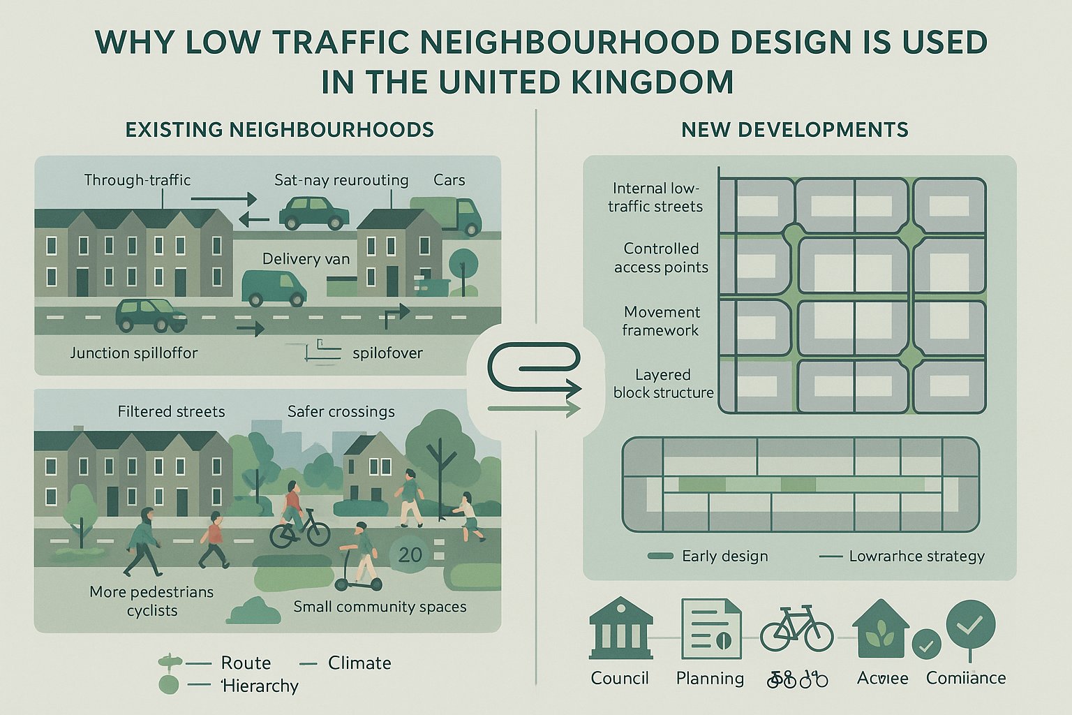 Comparison infographic of LTNs in existing streets and new UK developments.