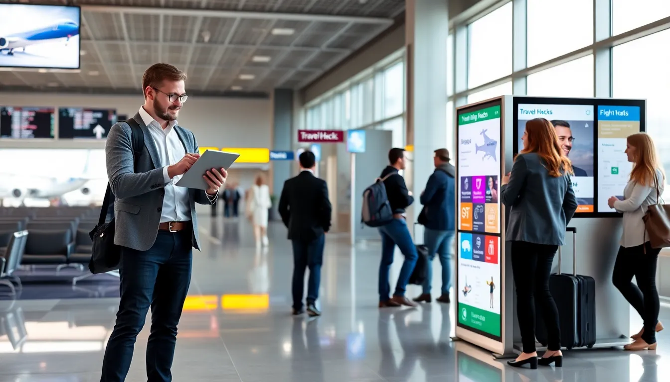 traveler reviewing flight options in a modern airport terminal.