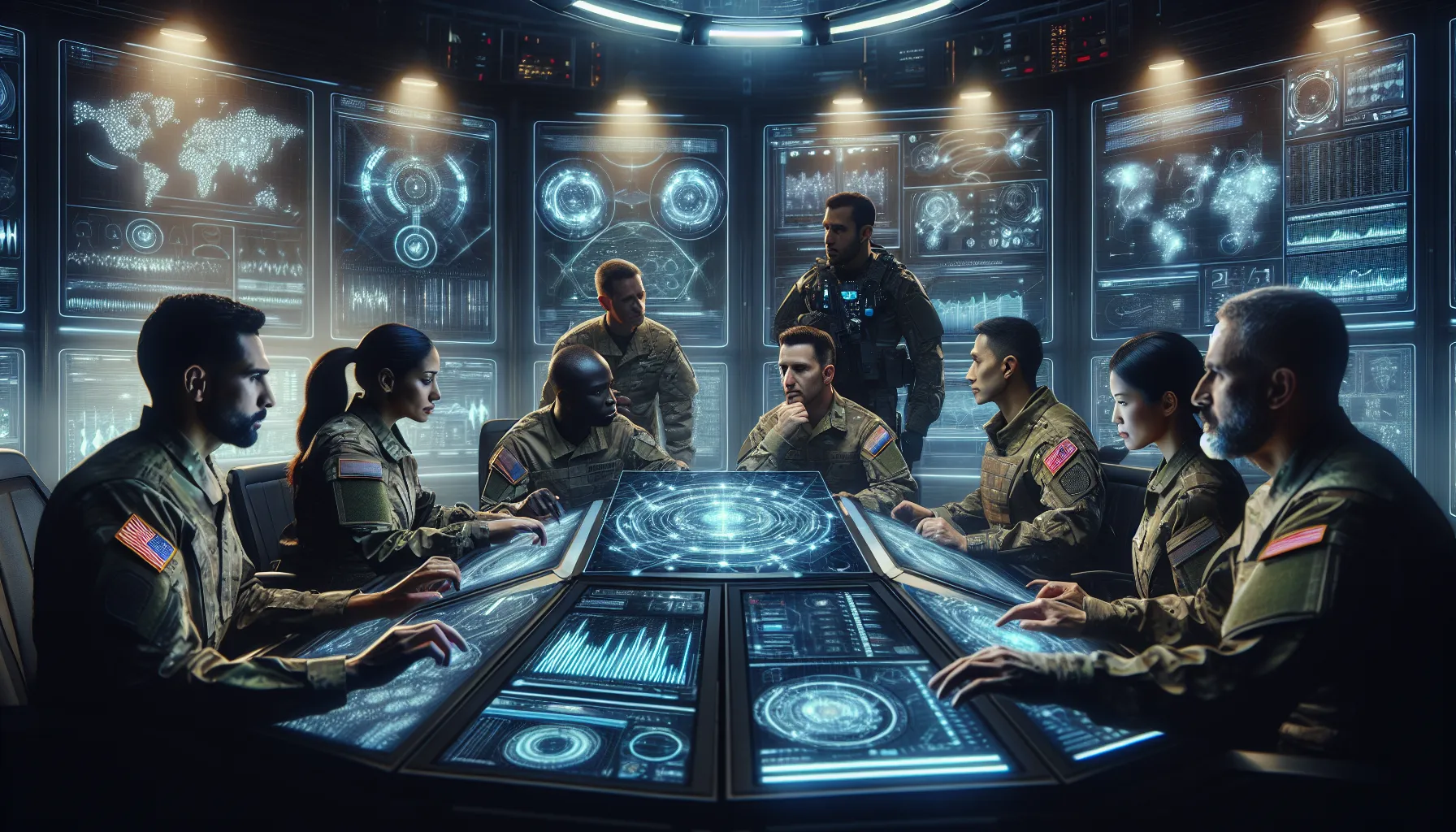 diverse military team strategizing in a modern operations room.