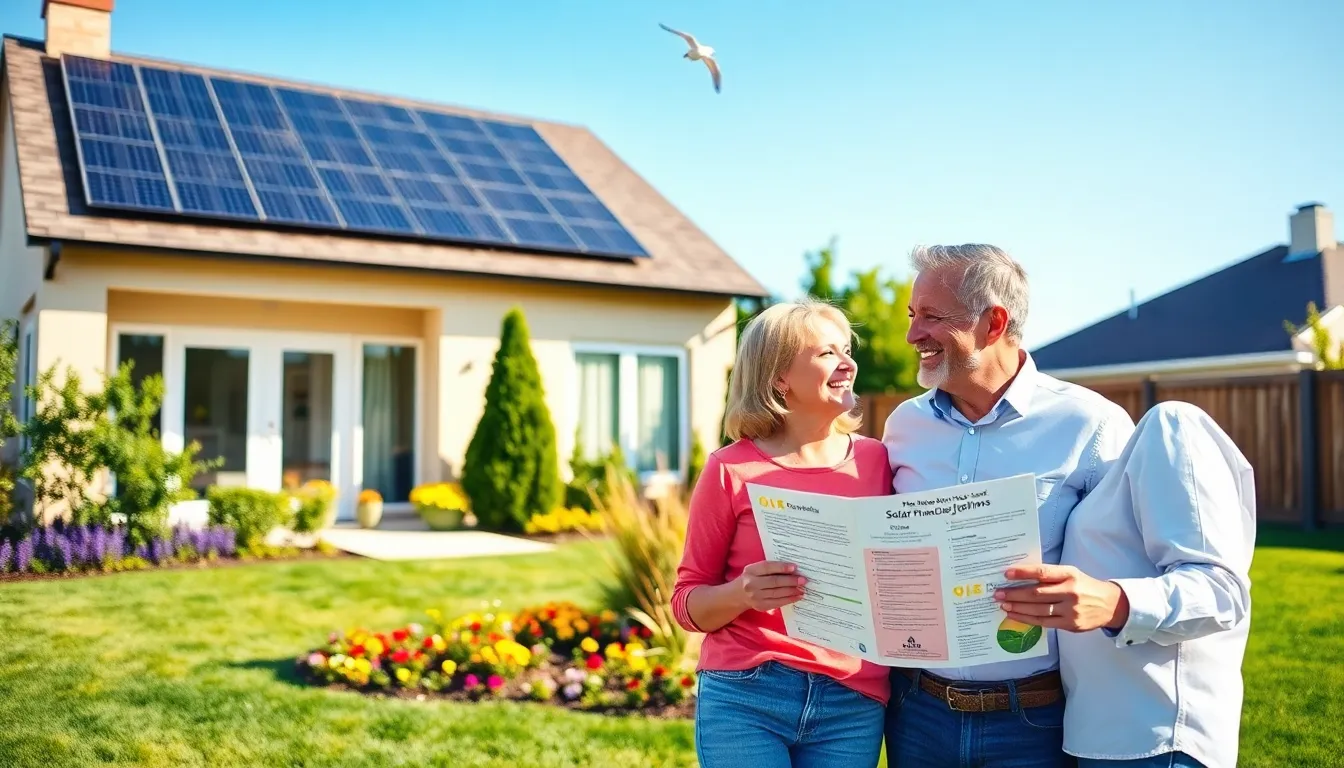 A couple discusses solar panel options in their sunny backyard.