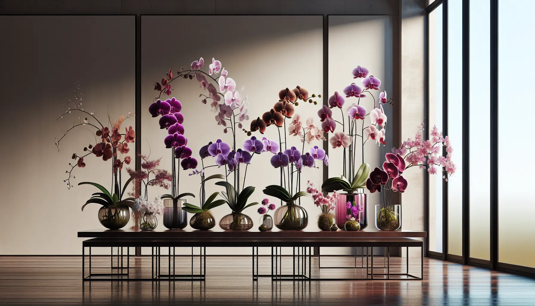 various colorful orchids displayed in a modern, minimalist setting.