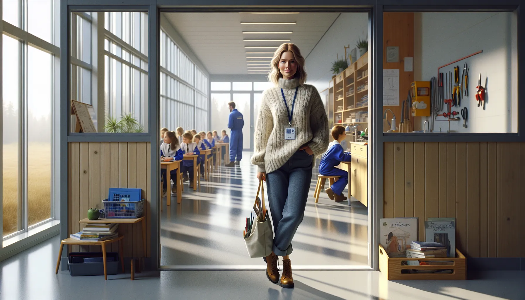 Student teacher with practice badge in a norwegian school corridor, classrooms behind.