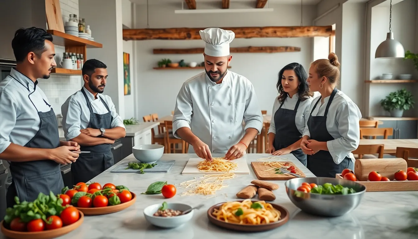 professionals cooking traditional Italian dishes in a modern kitchen.