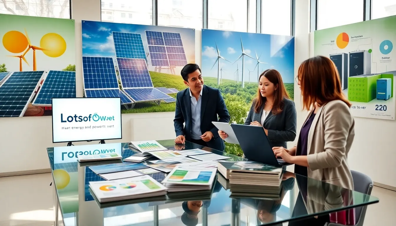 three professionals discussing renewable energy solutions in a modern office.