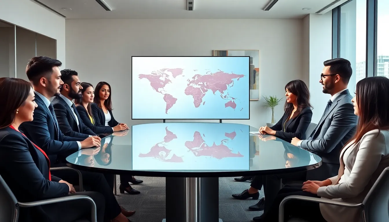 diverse professionals discussing global affairs in a modern conference room.