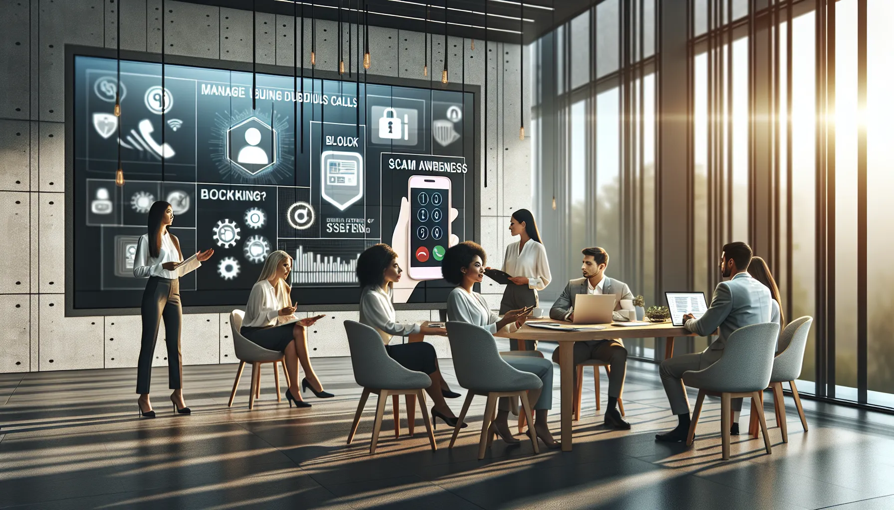 diverse team discussing how to handle suspicious phone calls.