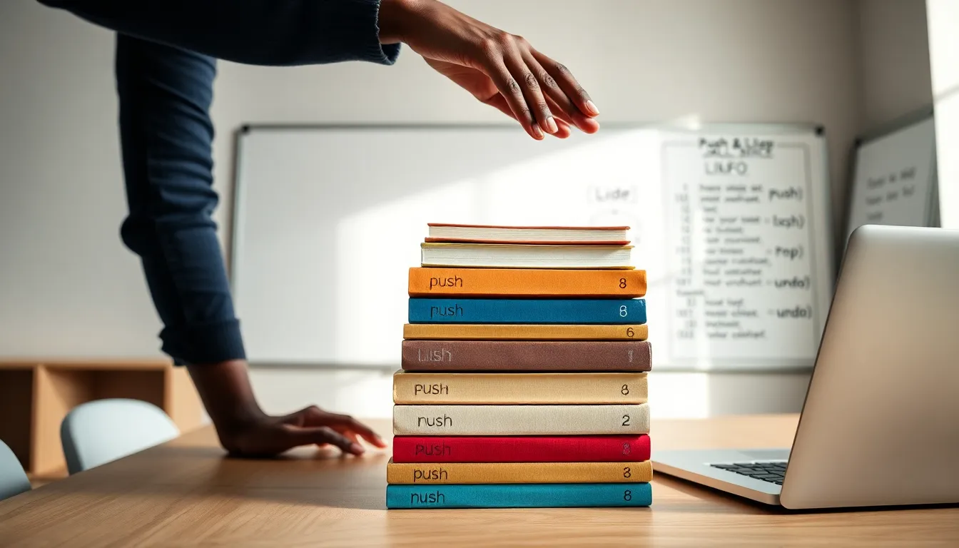 Hands placing the top book on a numbered stack on a desk