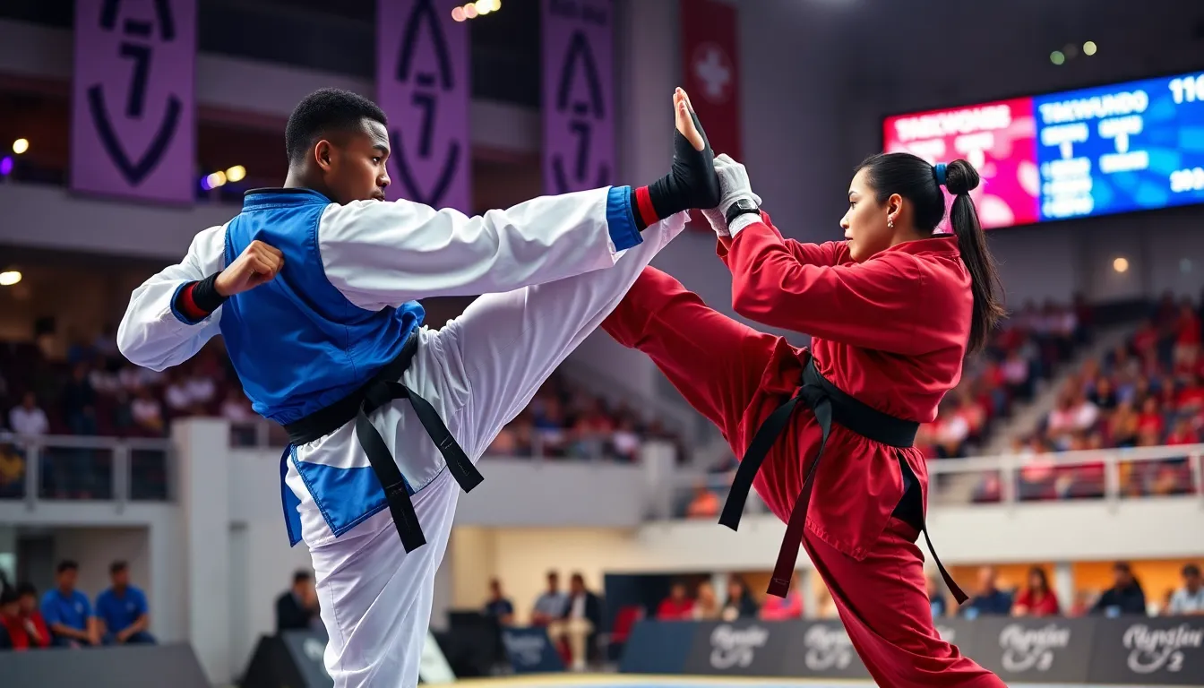 diverse taekwondo fighters competing in a modern arena.