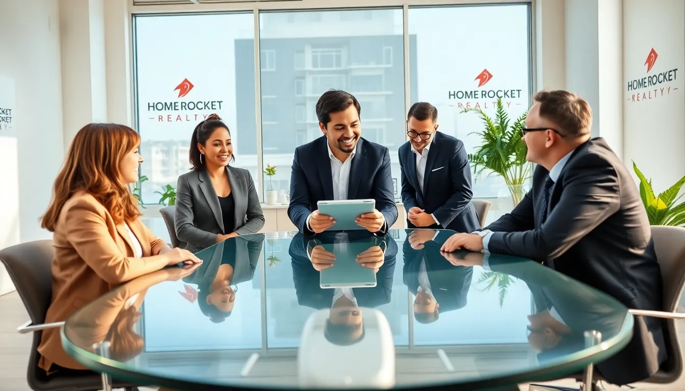 diverse real estate team discussing in a modern office