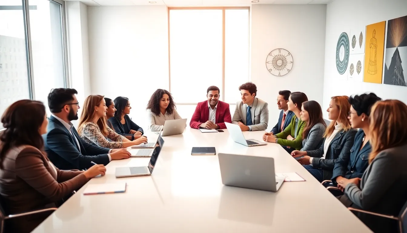 diverse professionals discussing cultural identity in a modern office.