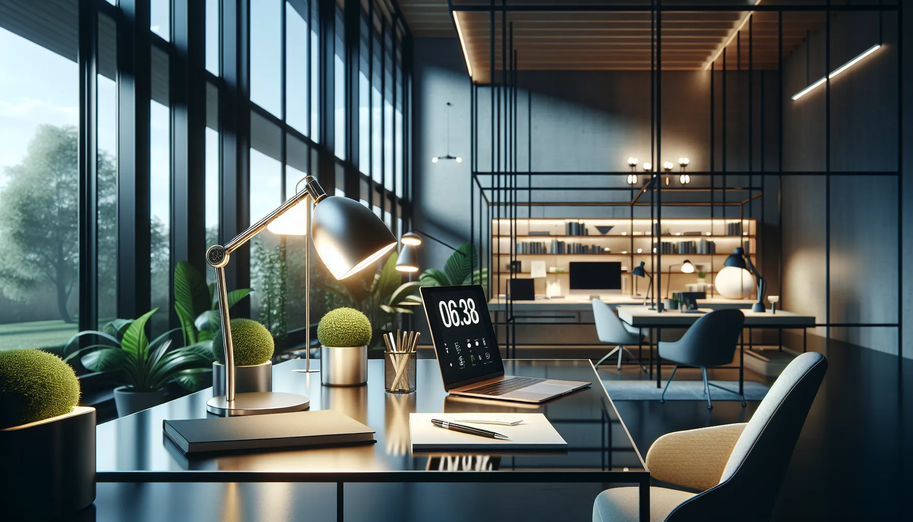 modern lamp illuminating a stylish home office.