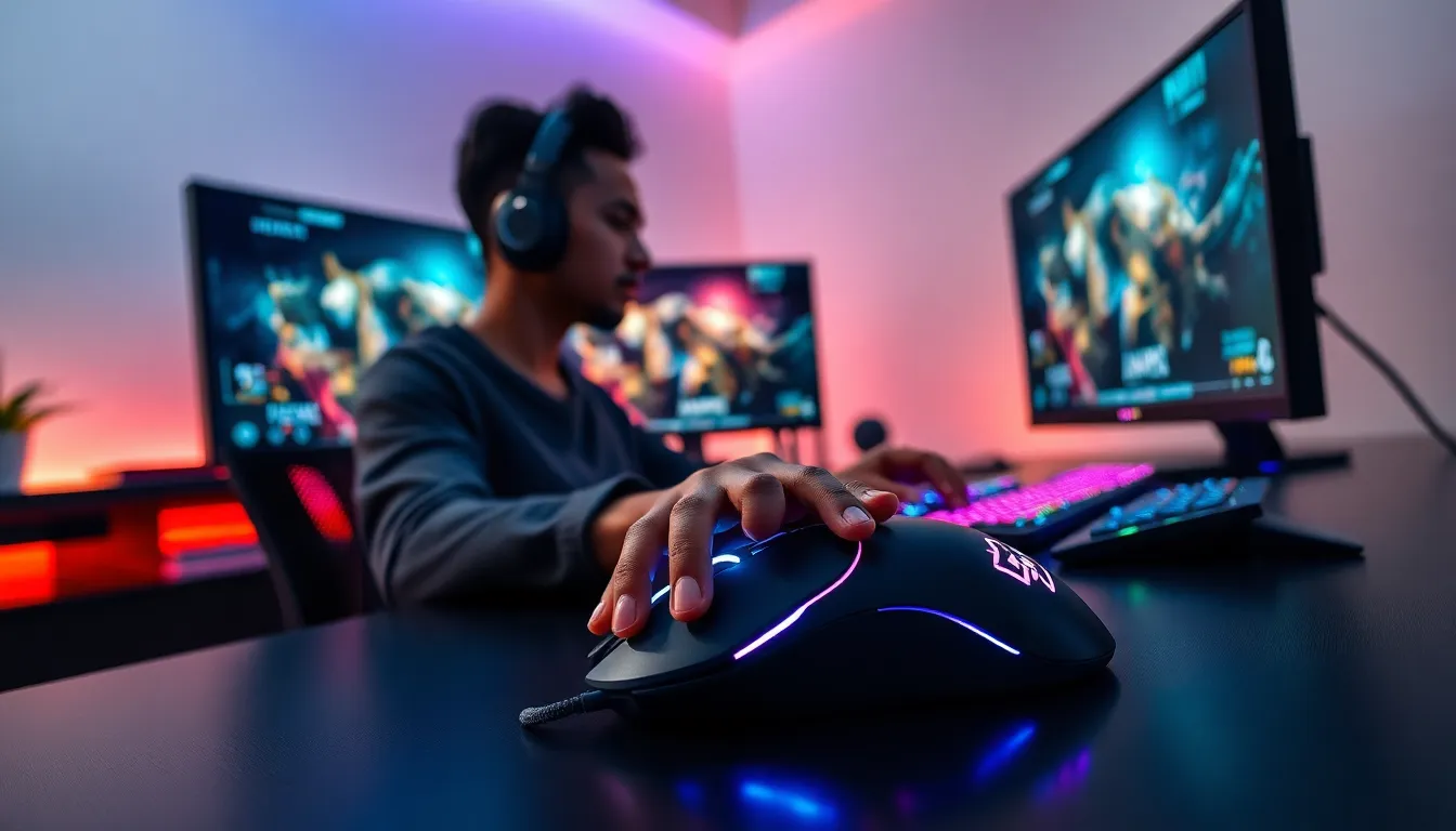 gamer using a high-quality mouse at a modern gaming setup.
