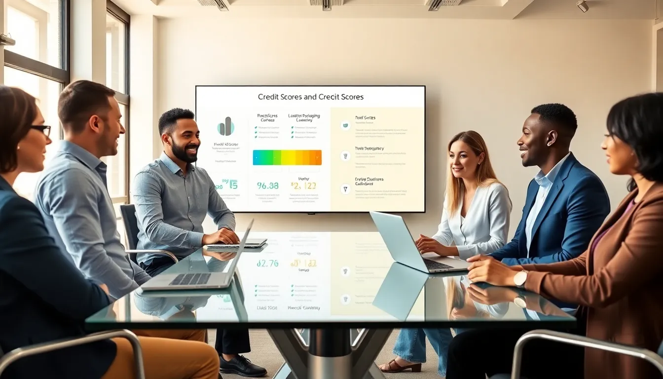 diverse professionals discussing credit scores in a modern office.
