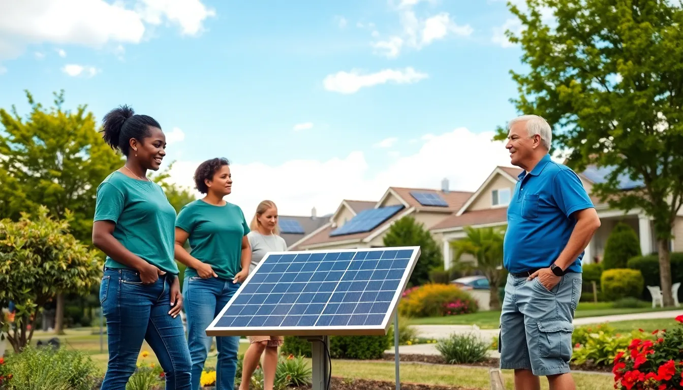 A diverse group of residents collaborates around a solar panel in a community garden.