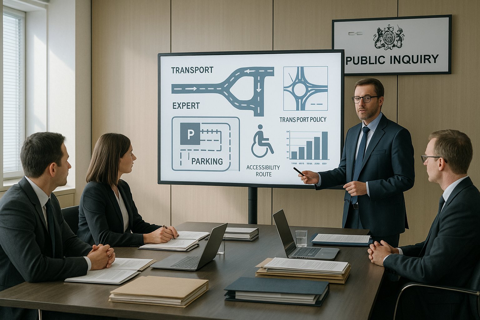 Transport expert presenting evidence at a UK public inquiry hearing.