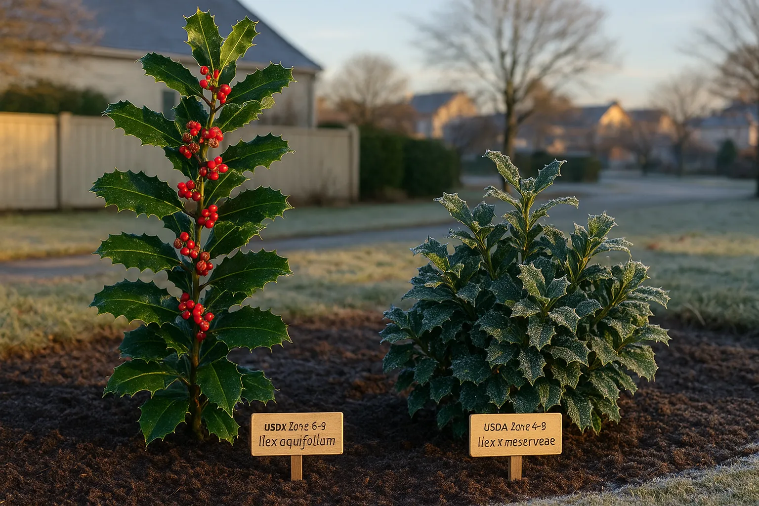 Two labeled hollies, taller glossy Ilex aquifolium and shorter hardy Ilex × meserveae.