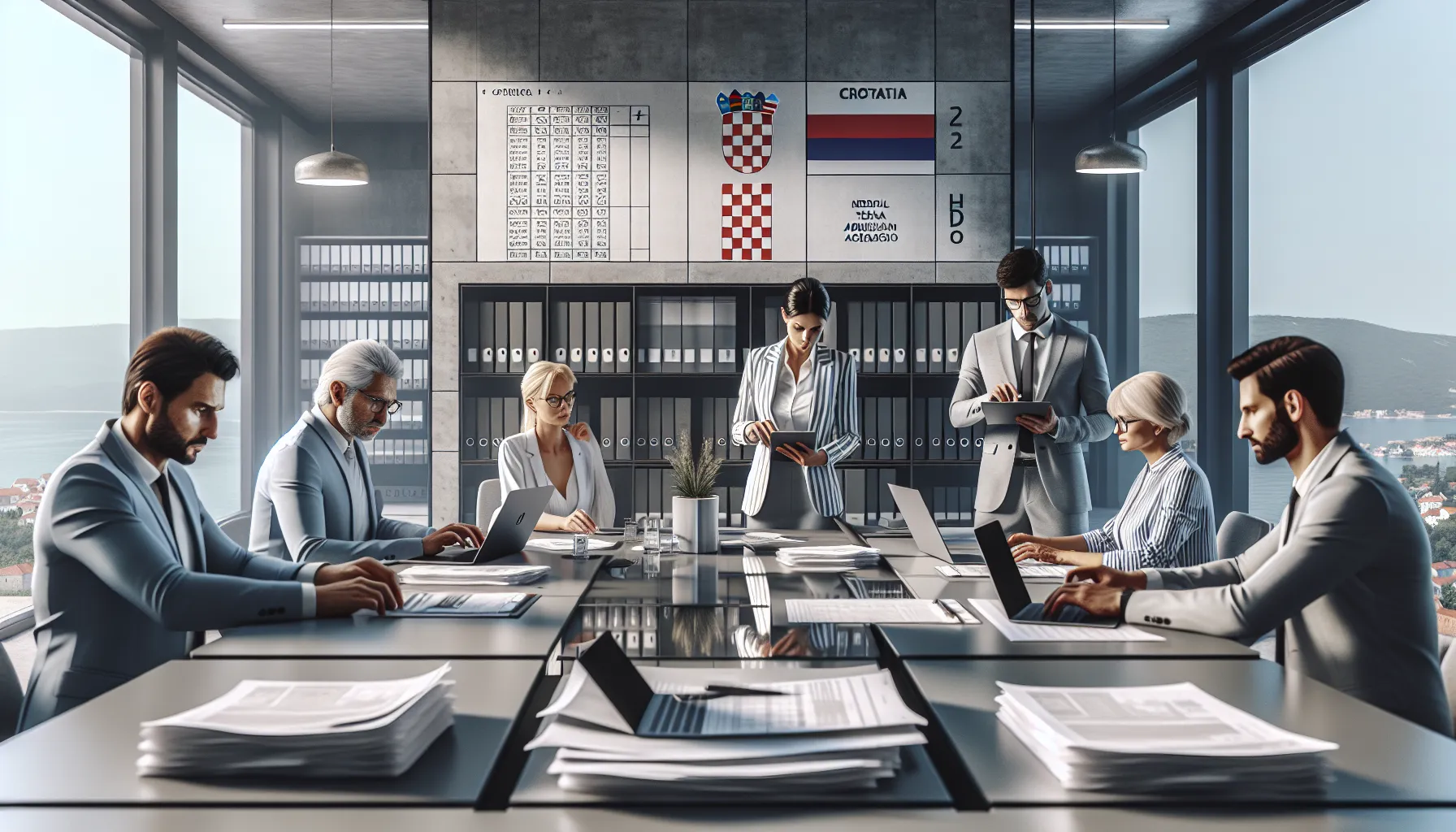 Croatian tax professionals reviewing medical leave documentation in modern office