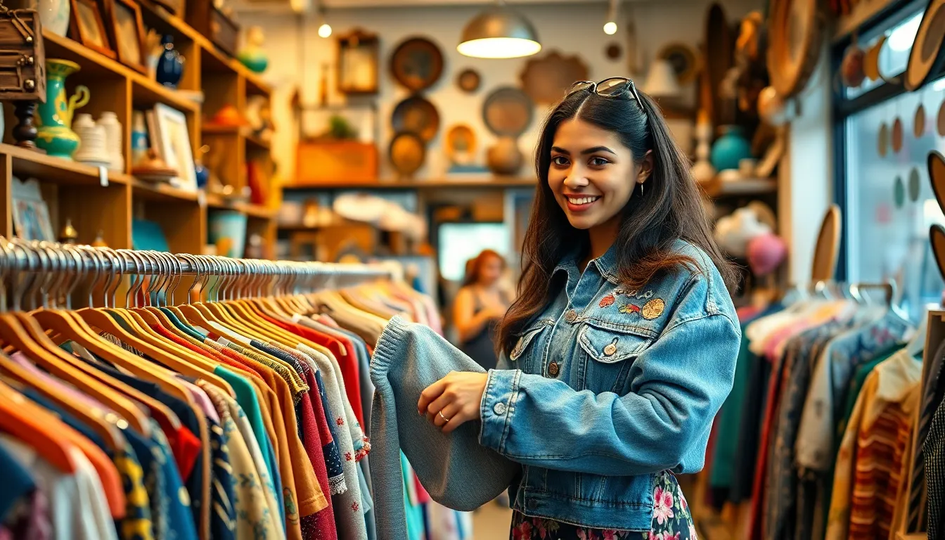 A woman browsing vintage clothing in a colorful thrift store.