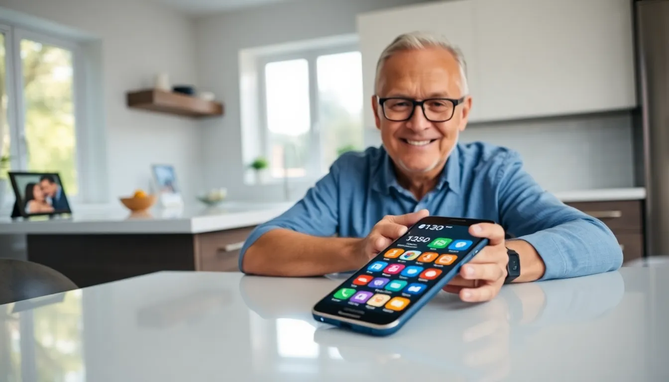 senior man using a user-friendly smartphone in a modern kitchen.