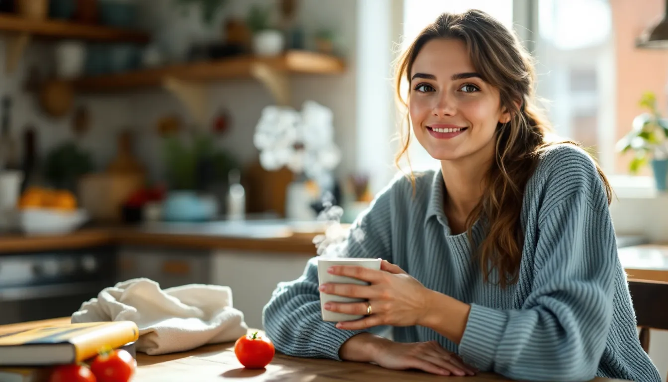 Woman holding a reusable mug at a kitchen table with a habit book and fresh tomatoes.