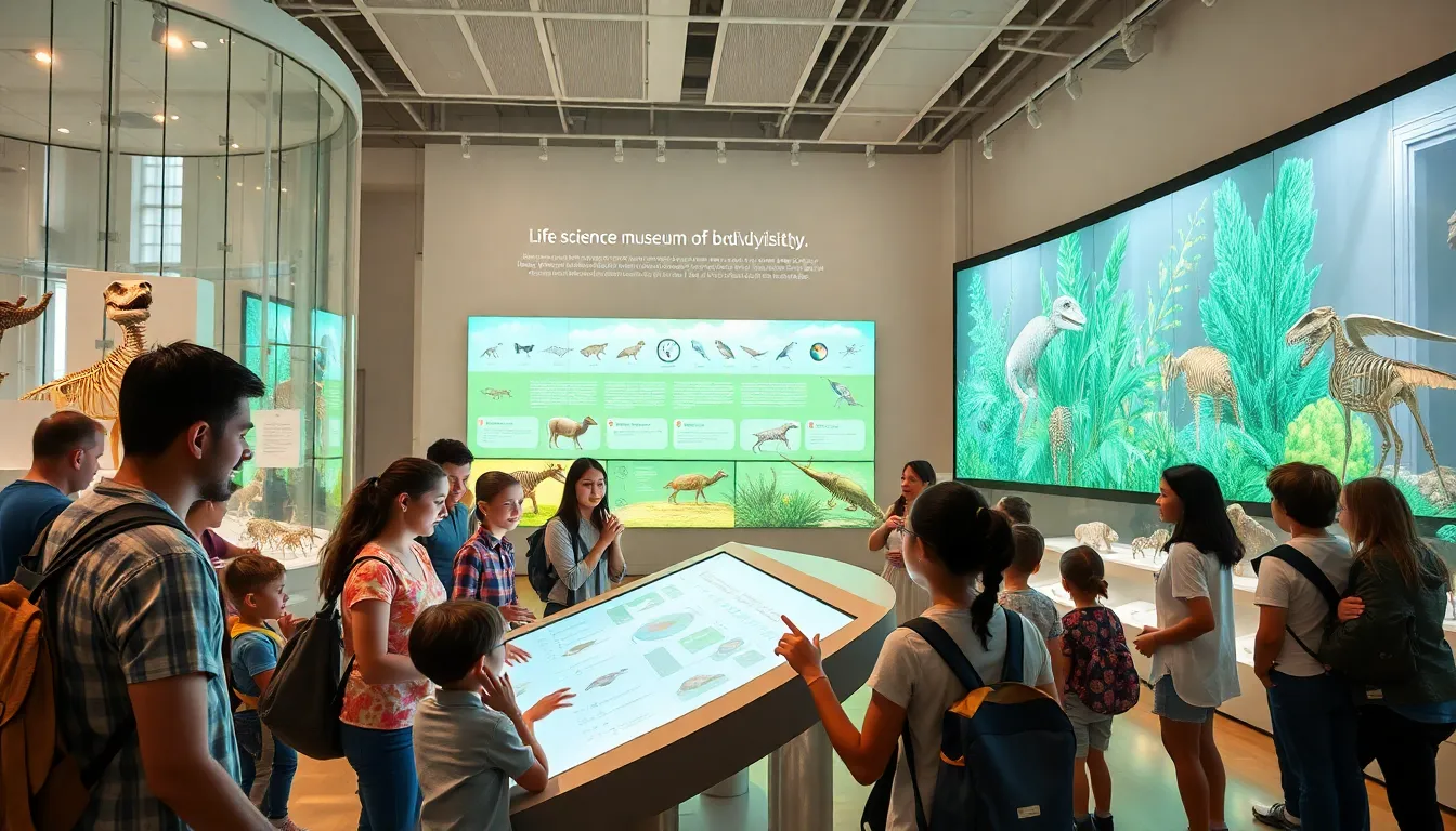 Visitors exploring interactive exhibits in a modern life science museum.