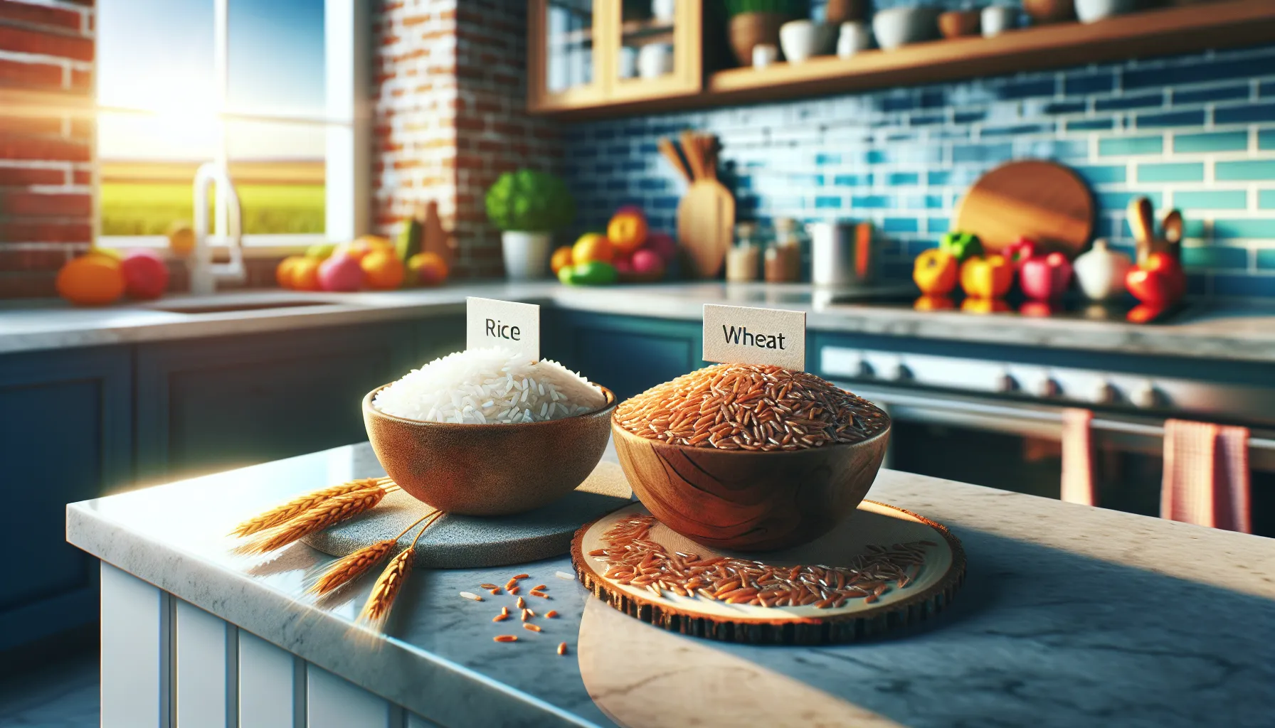 a comparison of bowls of rice and wheat grains on a kitchen countertop.