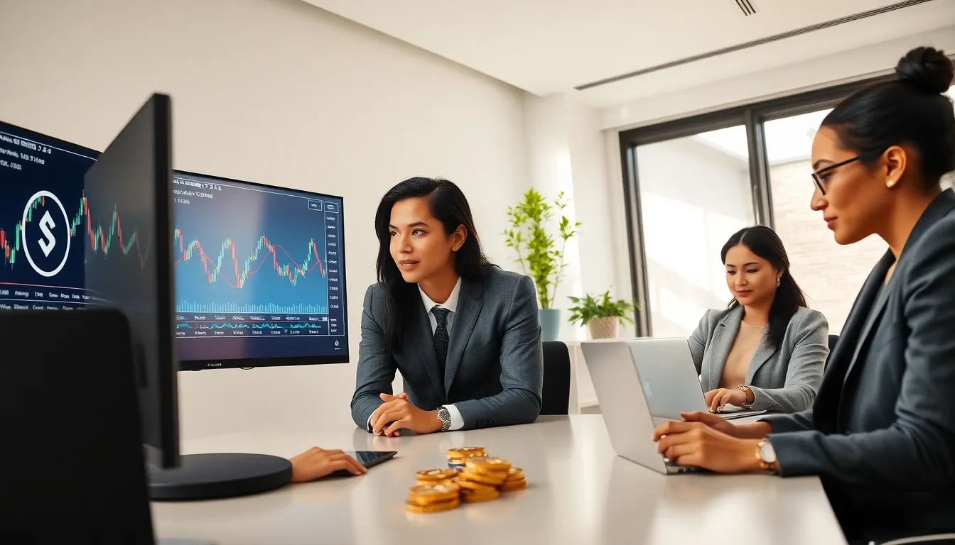 diverse team collaborating on cryptocurrency trading in a modern office.