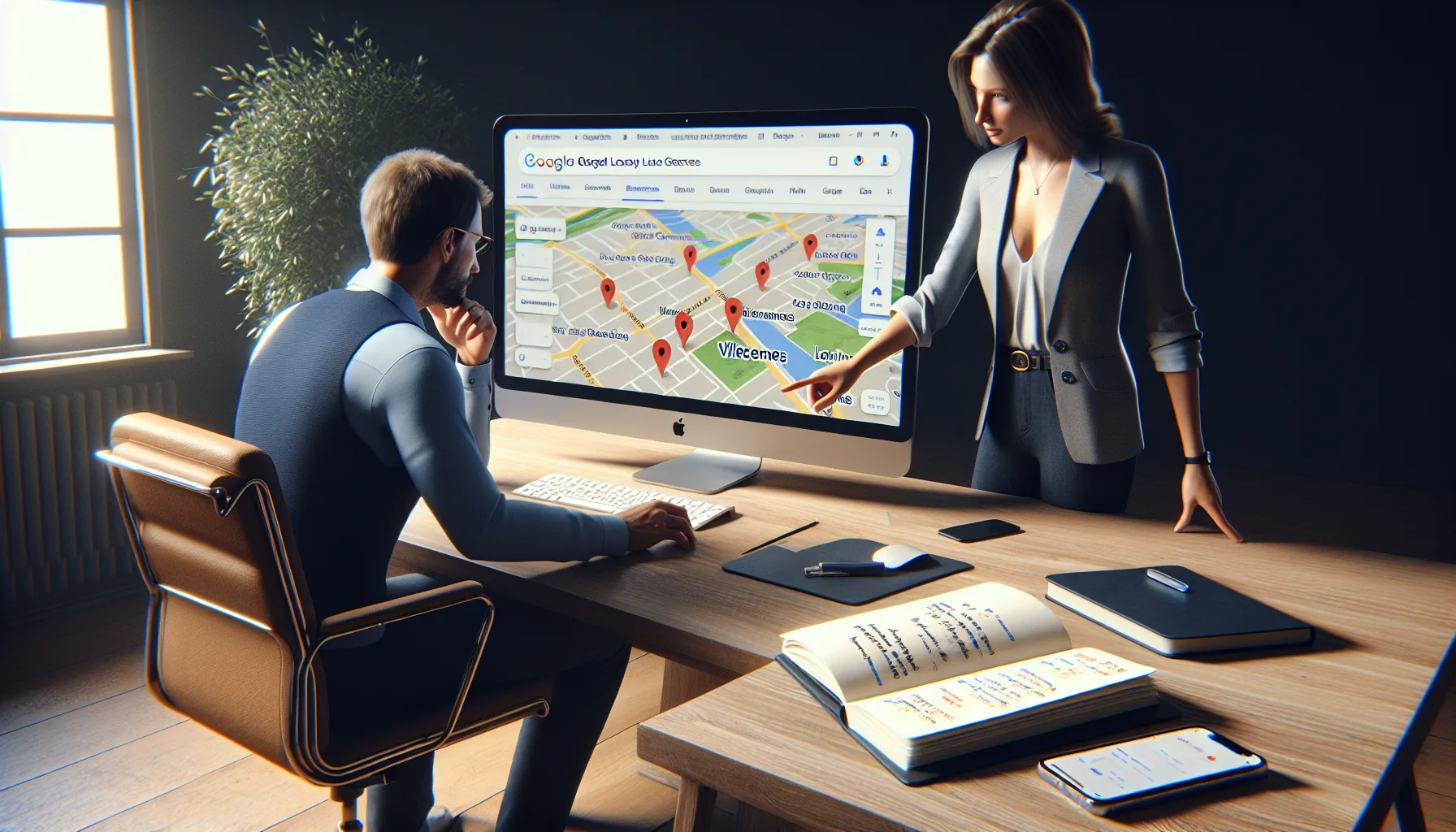 Local business owner in Villecresnes reviewing improved Google search rankings with SEO consultant.