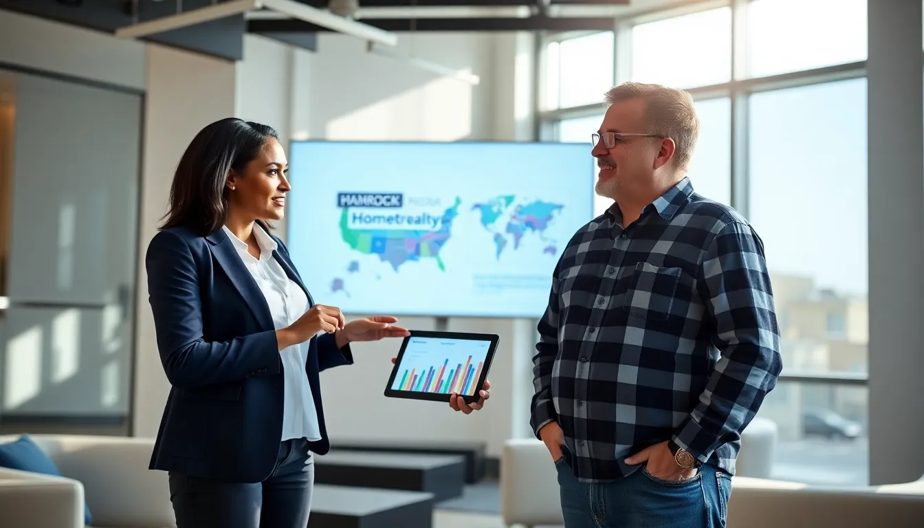 a woman and man discussing real estate data in a modern office.