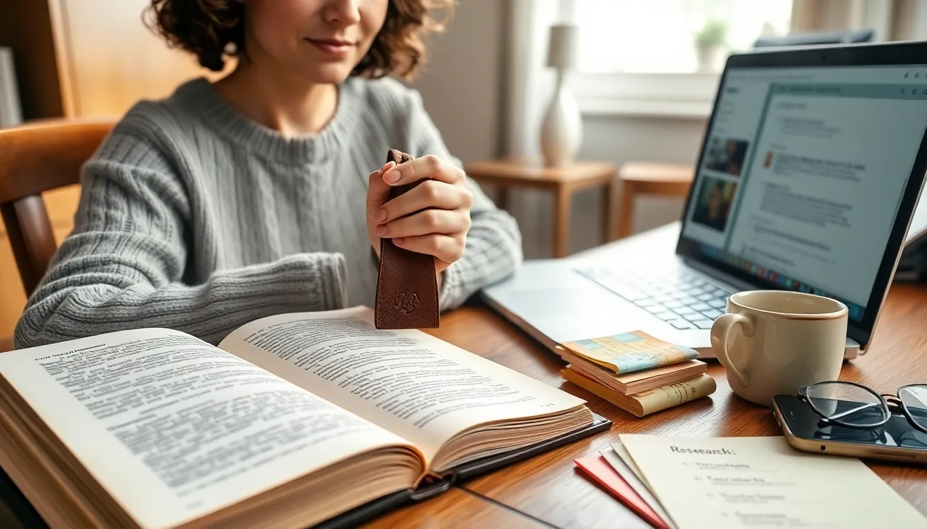 Hand placing a leather bookmark in a book beside a laptop showing bookmarks.