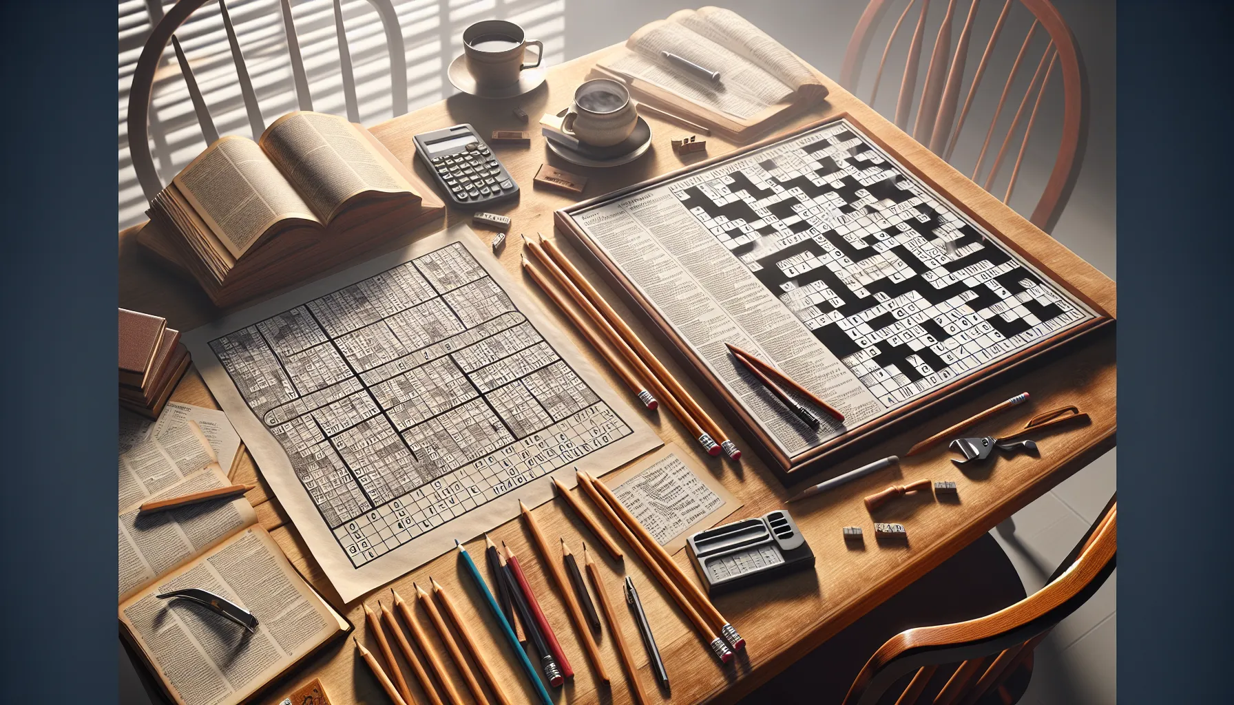 A Sudoku grid and crossword puzzle side by side on wooden tables.