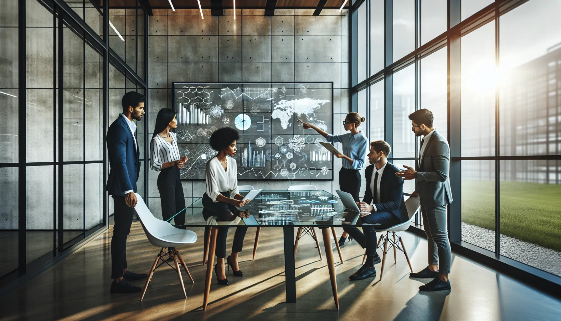 diverse team discussing fkbpfqv in a modern office.