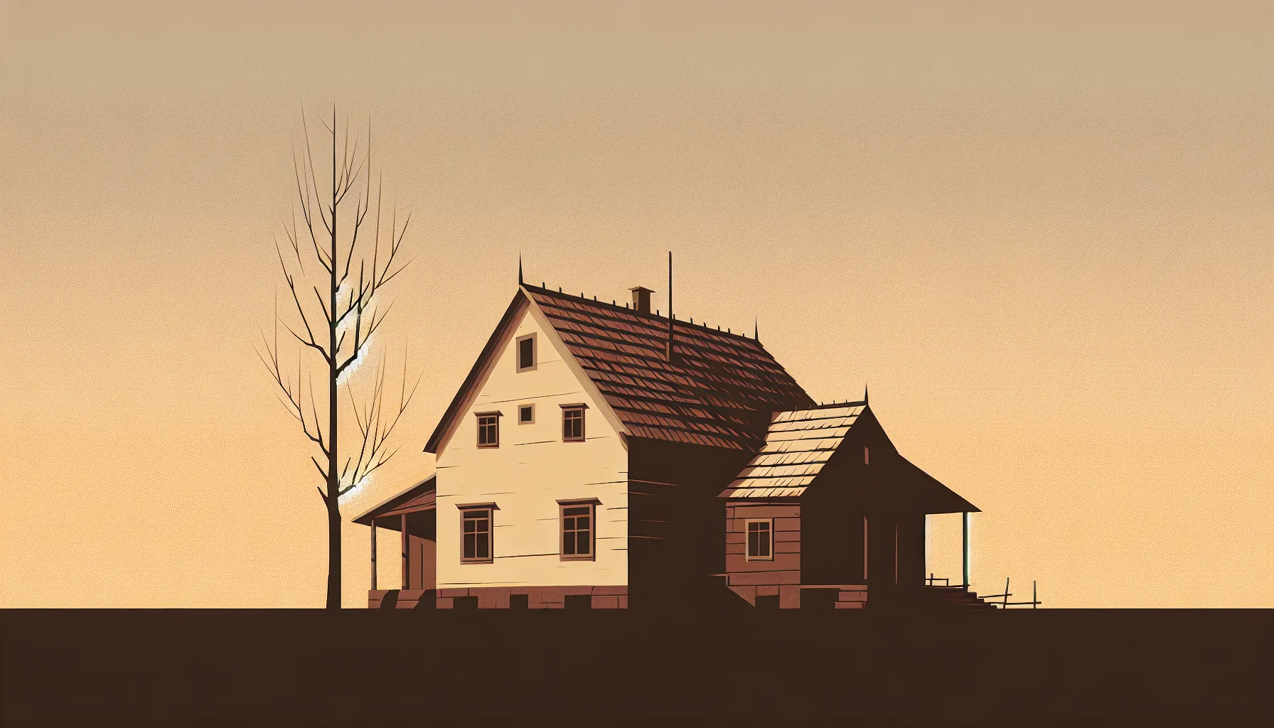 A minimalist illustration of a traditional Slavonian manor house with a bare tree symbolizing nobility's decline.