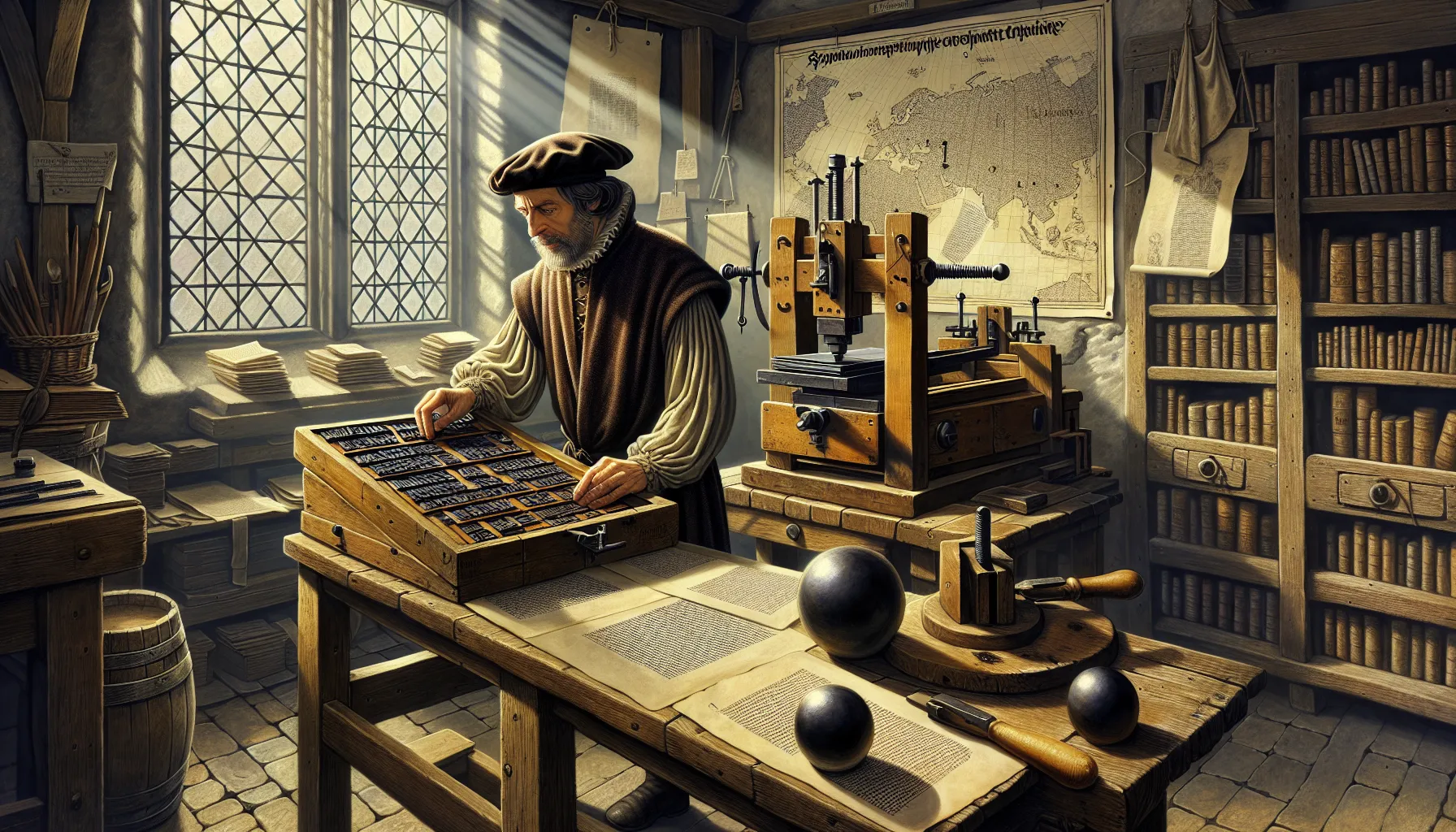 Hvordan trykkekunsten endret verden 3 Gutenberg arranges movable type beside a screw press in a sunlit workshop.