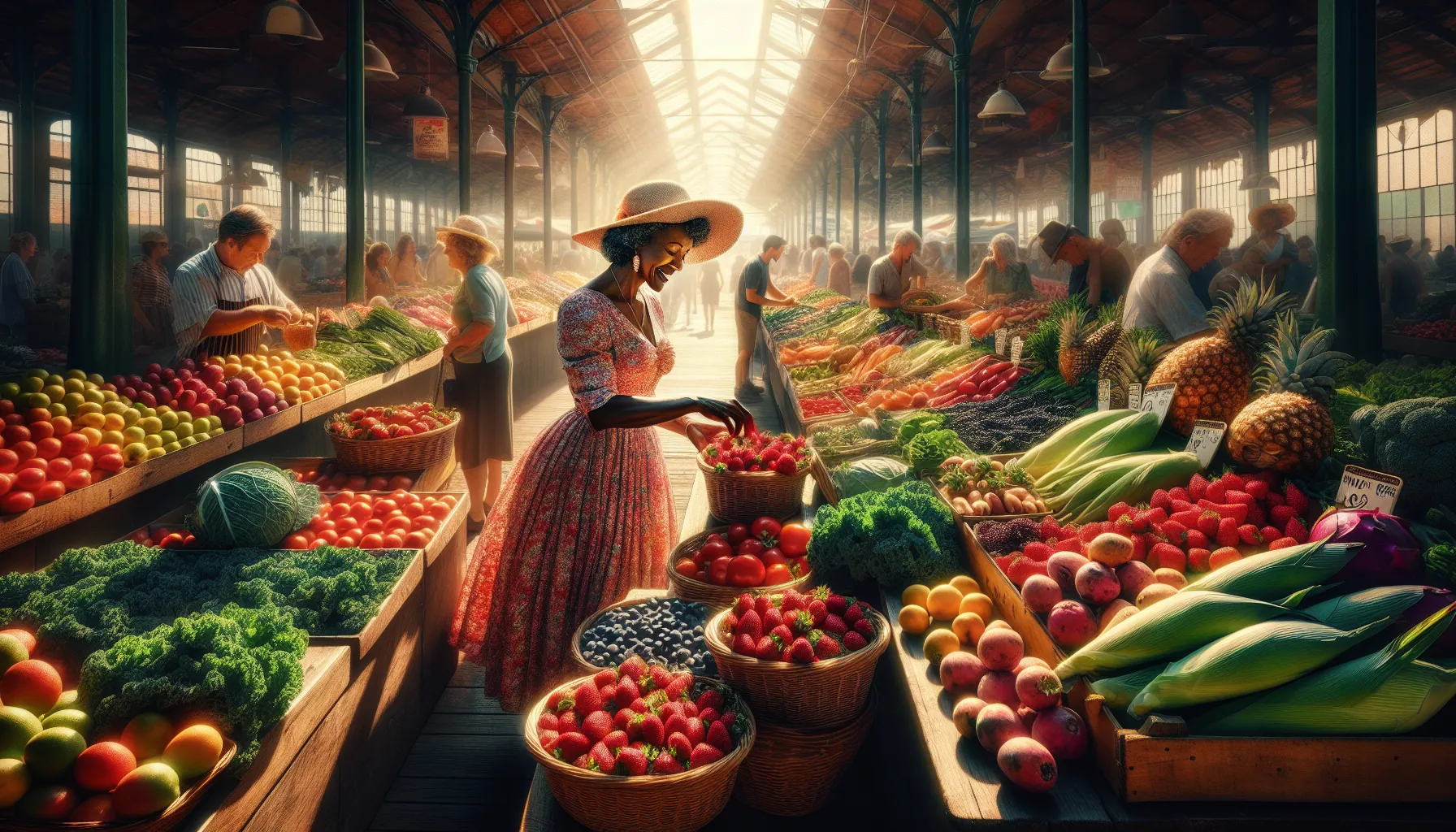 A woman selecting fresh strawberries at a vibrant farmers market.