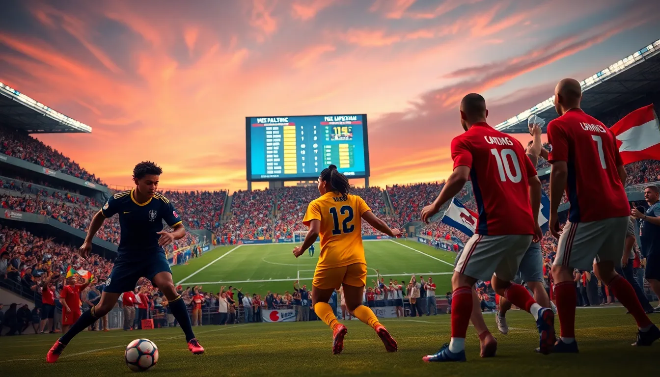 Exciting football match with diverse players in a vibrant stadium atmosphere.