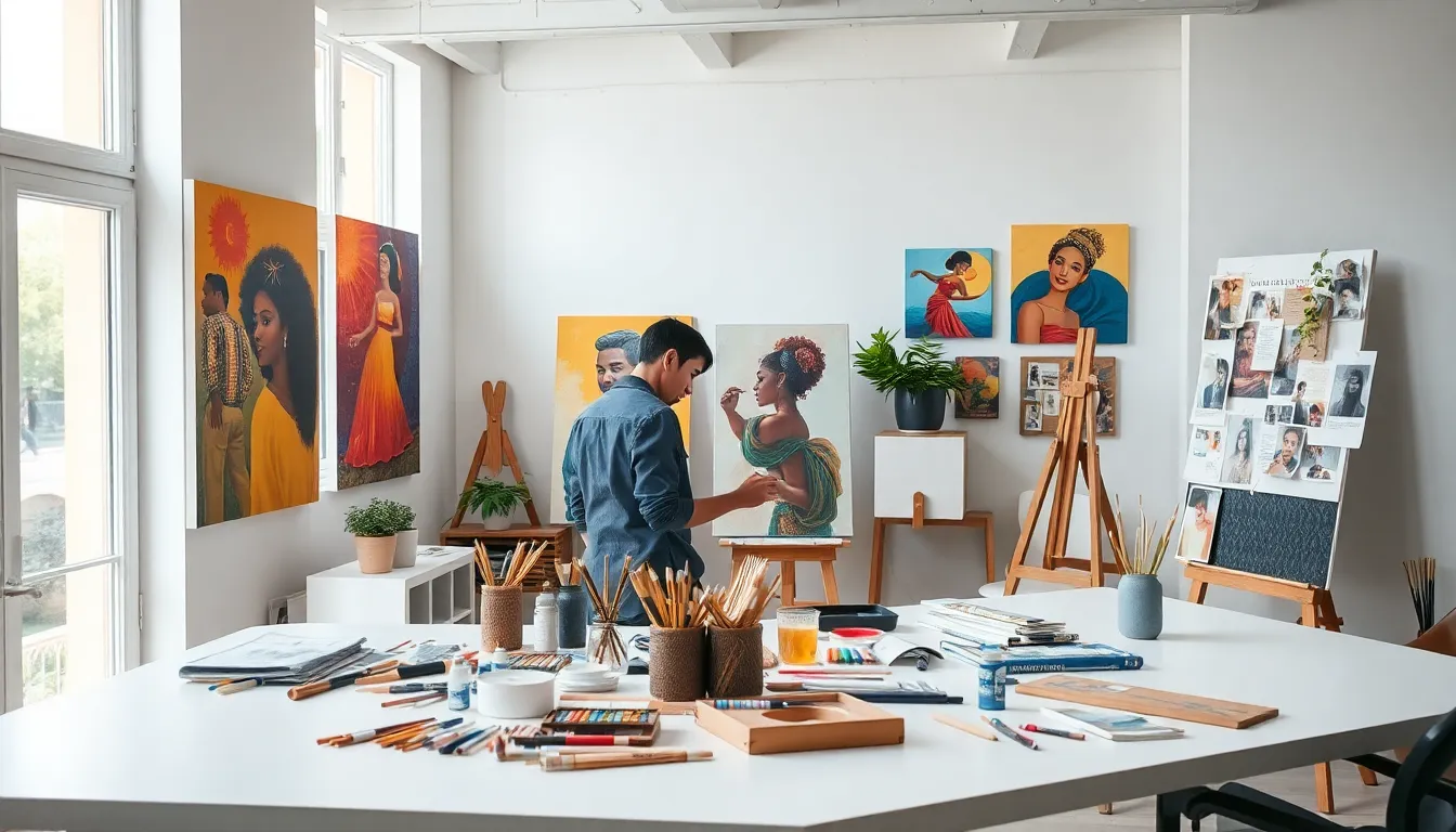 artist painting in a bright, modern studio filled with colorful artwork.