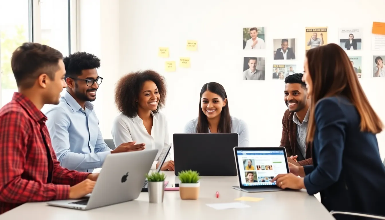 diverse team brainstorming in a modern digital workspace.